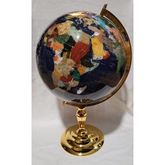Genuine Solid Gemstone World Globe 21" High 14" Diameter 24K Gold Heavy STUNNING - Picture 1 of 7
